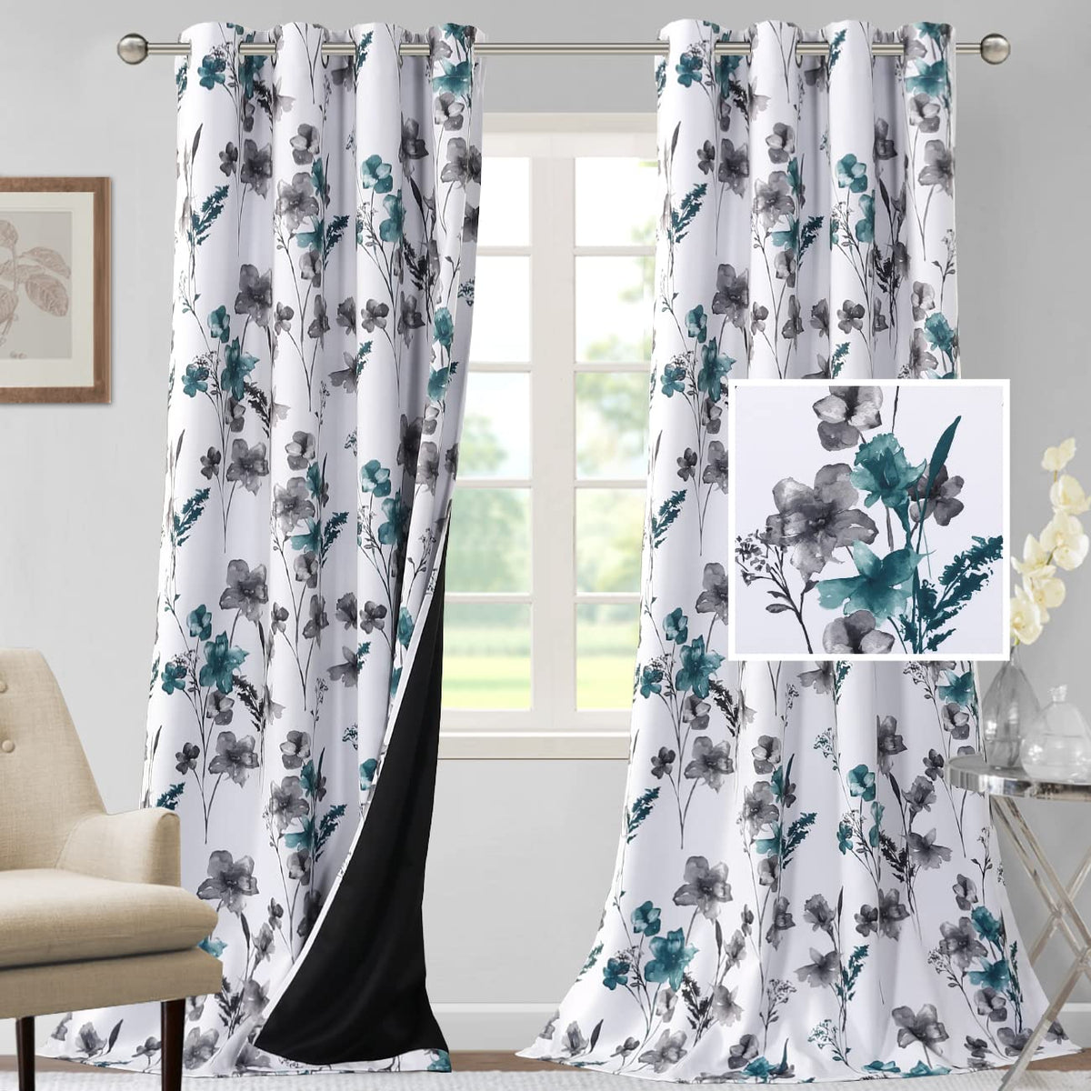 H.VERSAILTEX 100% Blackout Curtains 84 inch Length 2 Panels Set Cattleya Floral Printed Drapes Leah Floral Thermal Curtains for Bedroom with Black Liner Sound Proof Curtains, Grey and Taupe