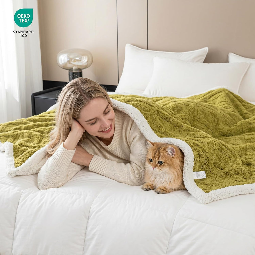 Sherpa Throw Blanket for Couch, and Bed, Queen 90"x90", Mustard