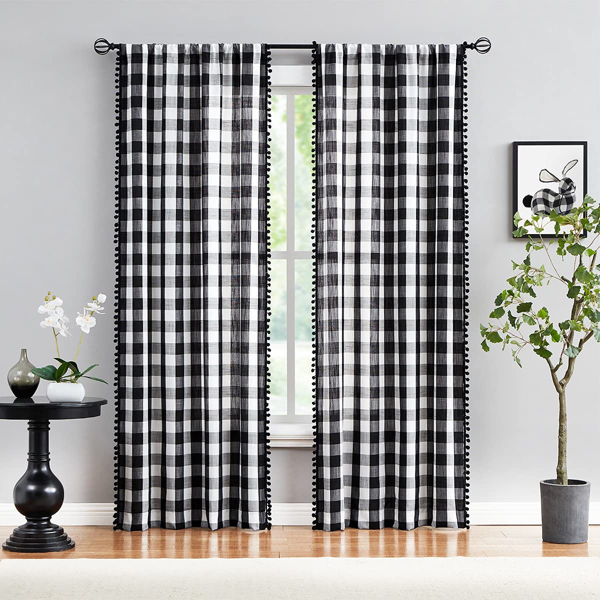 White Black Buffalo Check Curtains with PomPoms 45" SemiSheer Country Plaid