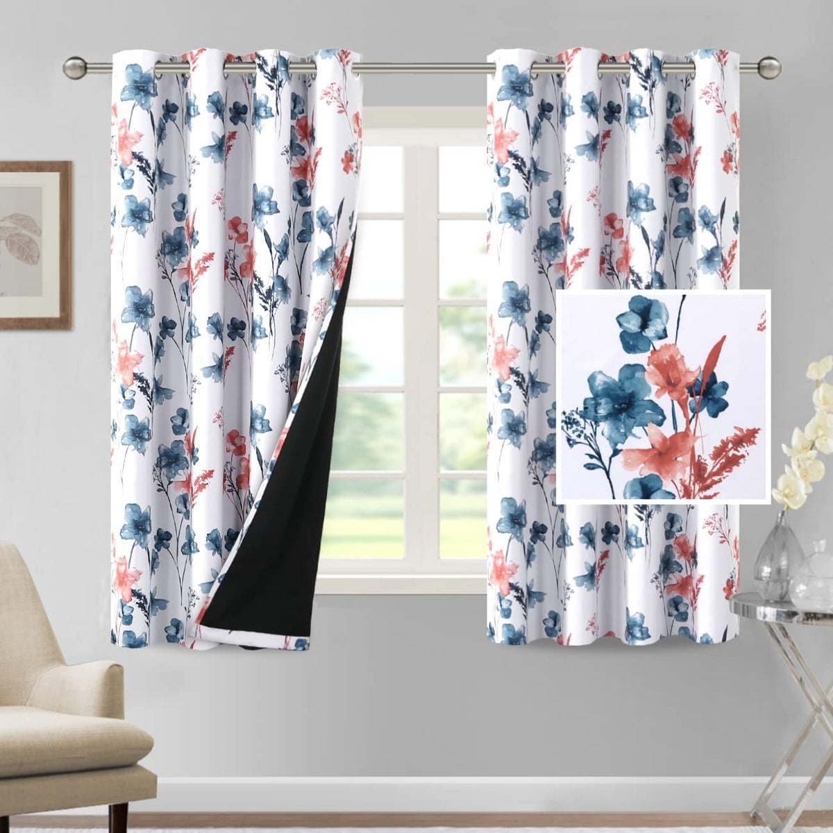 H.VERSAILTEX 100% Blackout Curtains 84 inch Length 2 Panels Set Cattleya Floral Printed Drapes Leah Floral Thermal Curtains for Bedroom with Black Liner Sound Proof Curtains, Grey and Taupe