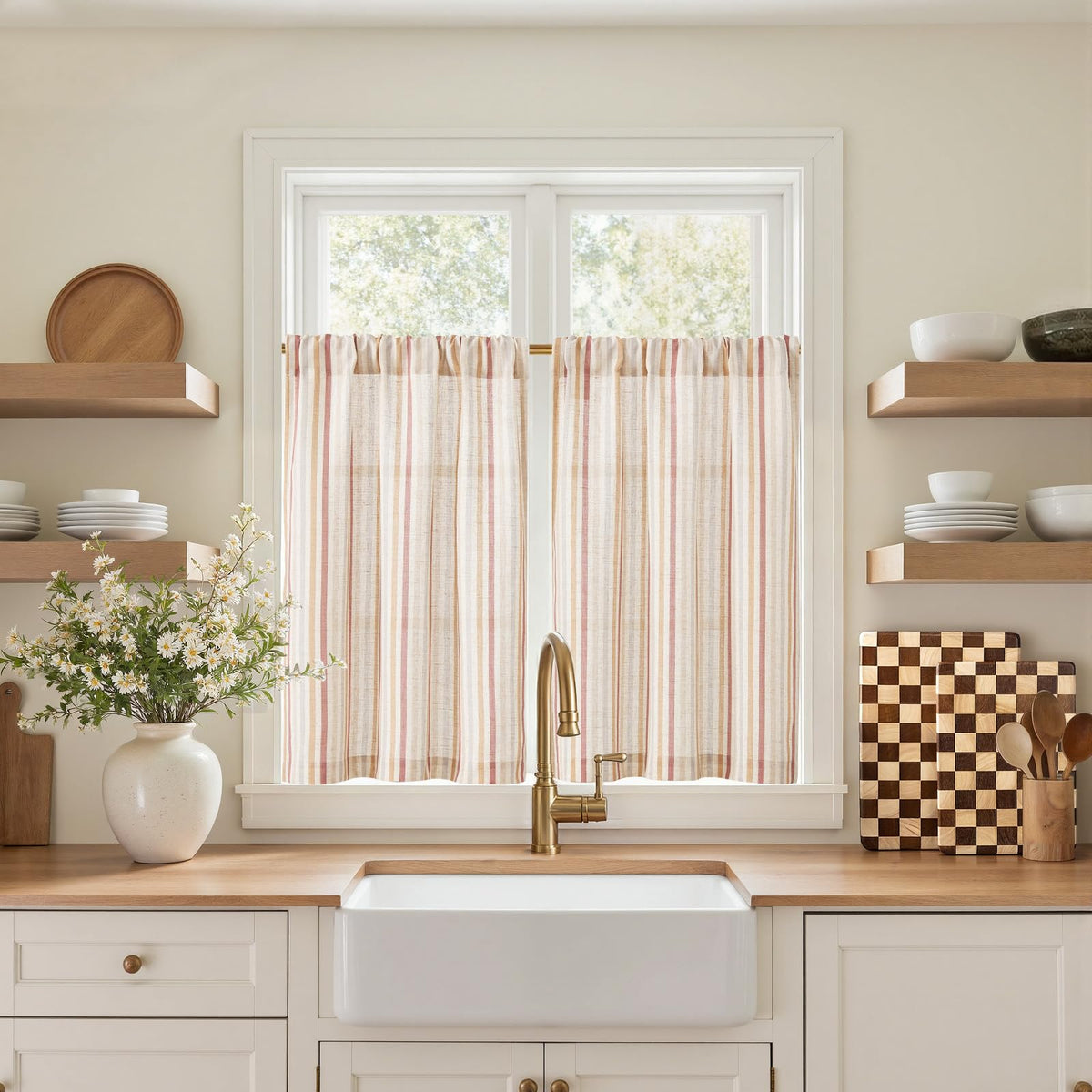 jinchan Striped Linen Kitchen Curtains 36 Inches Length Tier Curtains Farmhouse Modern Cafe Style Small Window Treatments Airy Light Filtering Rod Pocket for Living Room Bathroom 2 Panels Sage Green