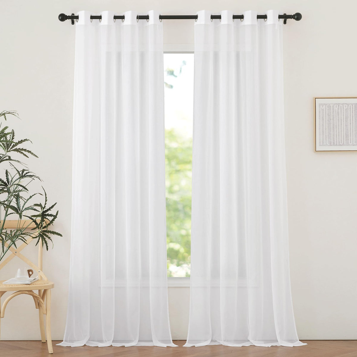 NICETOWN White Sheer Curtains & Drapes 96 inches Long for Living Room - Grommet Top Solid Lightweight & Airy Gauzy Window Treatments with Light Filtering for Bedroom, 2 Panels, W54 x L96