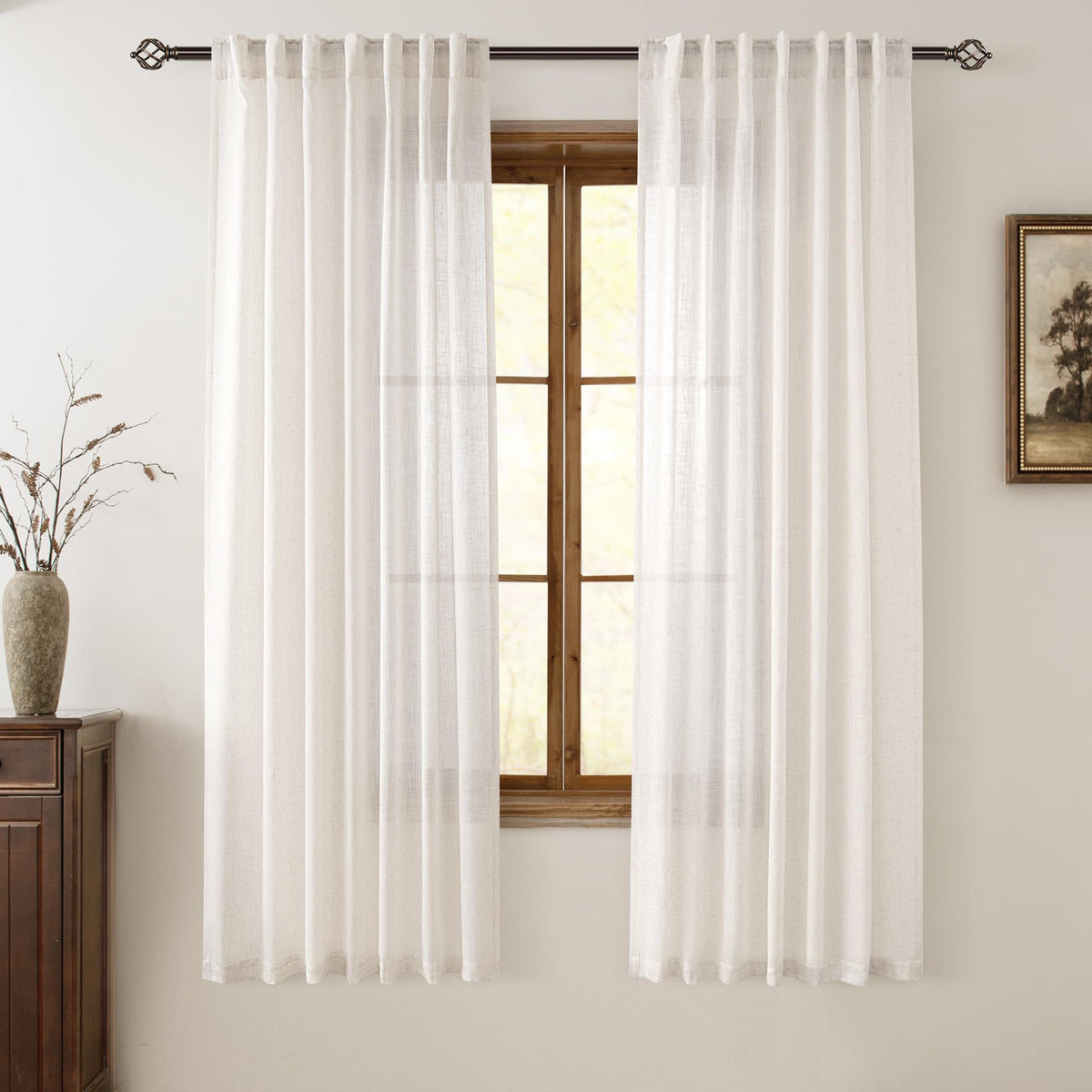 96 inch Long Linen Curtains 2 Panels for Living Room Back Tab Cream Ivory Light Filtering Semi Sheer Curtain 96 inches Long Boho Farmhouse Rustic Linen Drapes Floor to Ceiling Length 8 FT
