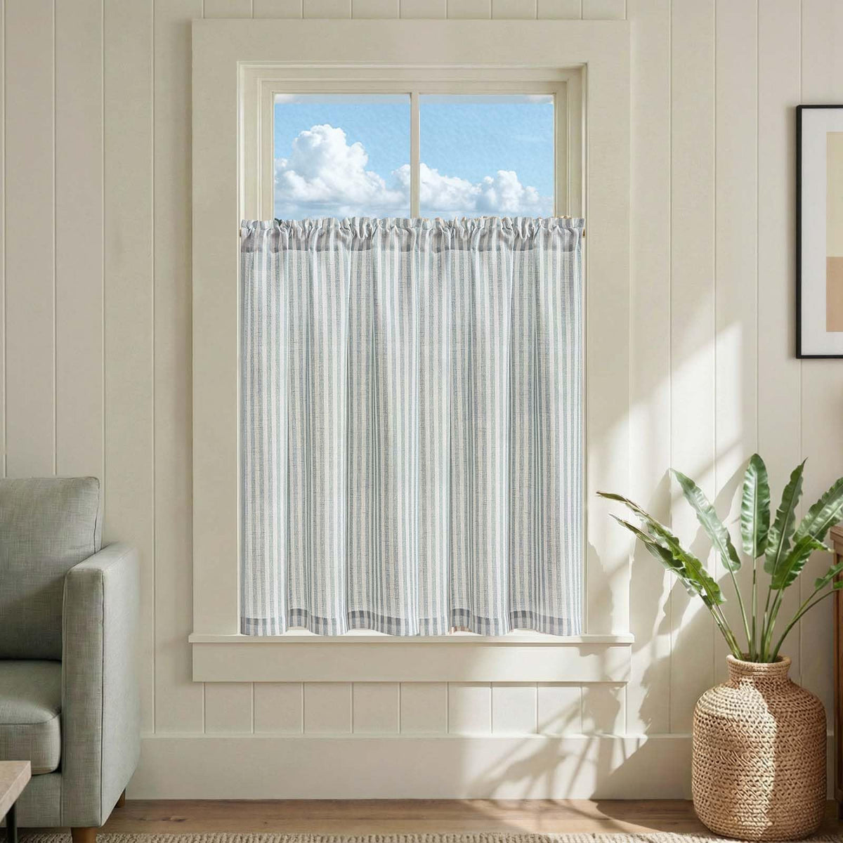 jinchan Striped Linen Kitchen Curtains 36 Inches Length Tier Curtains Farmhouse Modern Cafe Style Small Window Treatments Airy Light Filtering Rod Pocket for Living Room Bathroom 2 Panels Sage Green