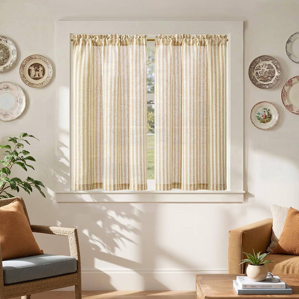 jinchan Striped Linen Kitchen Curtains 36 Inches Length Tier Curtains Farmhouse Modern Cafe Style Small Window Treatments Airy Light Filtering Rod Pocket for Living Room Bathroom 2 Panels Sage Green