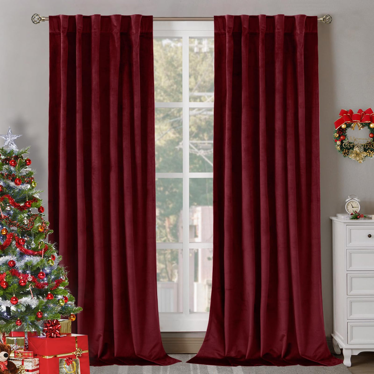 BGment Christmas Red Velvet Curtains 96 Inches for Living Room, Thermal Room Darkening Curtains Sound Reduce Drapes with Back Tab and Rod Pocket for French Door, 2 Panels, 52 x 96 Inch