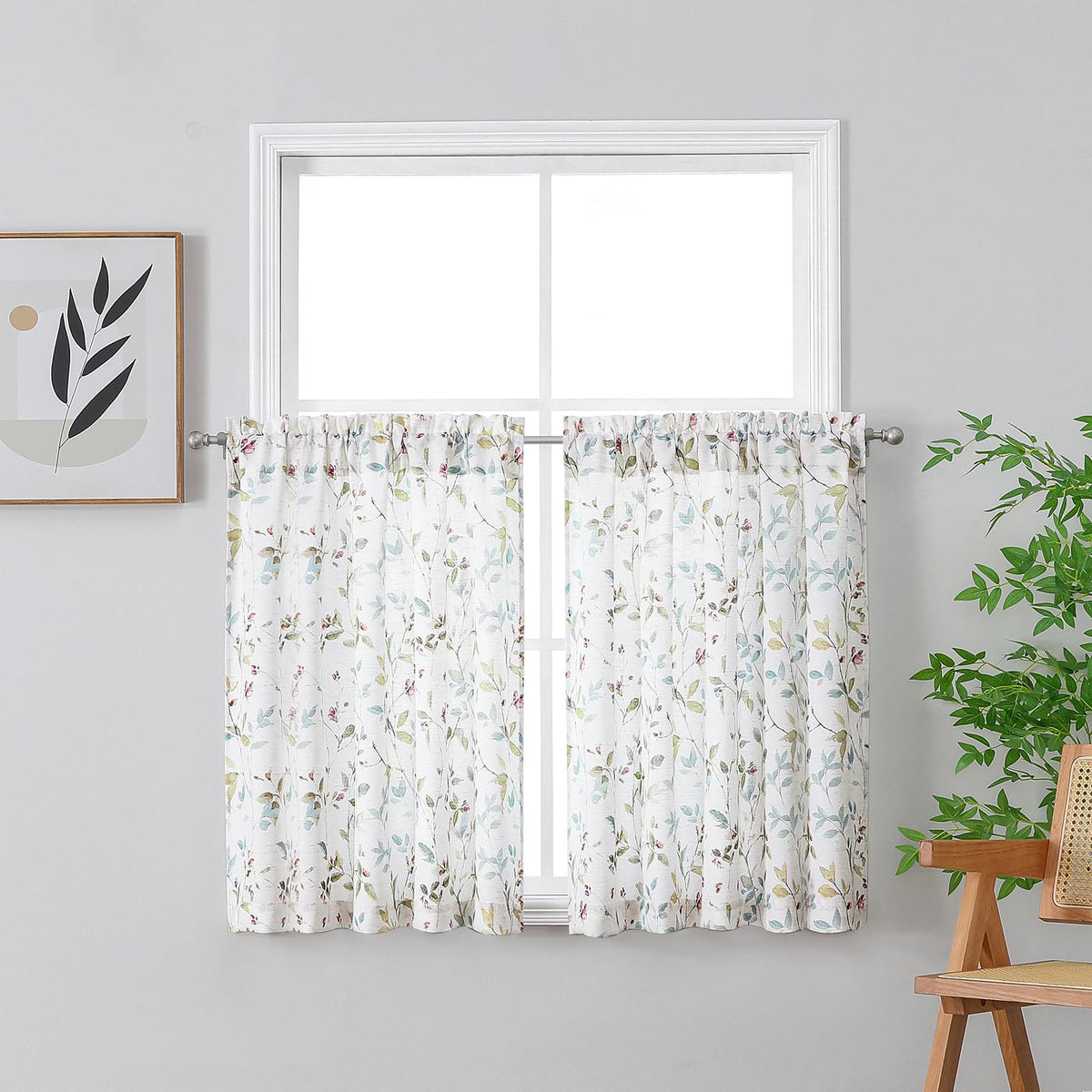 Chyhomenyc Roman Linen Blend Curtains 45 Inch Length 2 Panels, Light Filtering Soft Airy Leaf Floral Printed Rod Pocket Textured Window Treatment Drapes for Living Room Bedroom, 38Wx45L Inch, 2 PCS