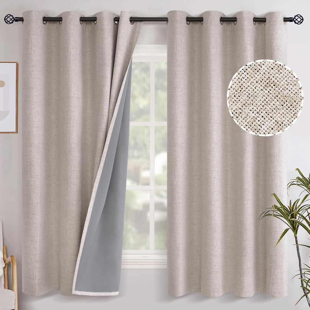 YoungsTex Linen Blackout Curtains 63 Inch Length Bedroom Beige Darkening