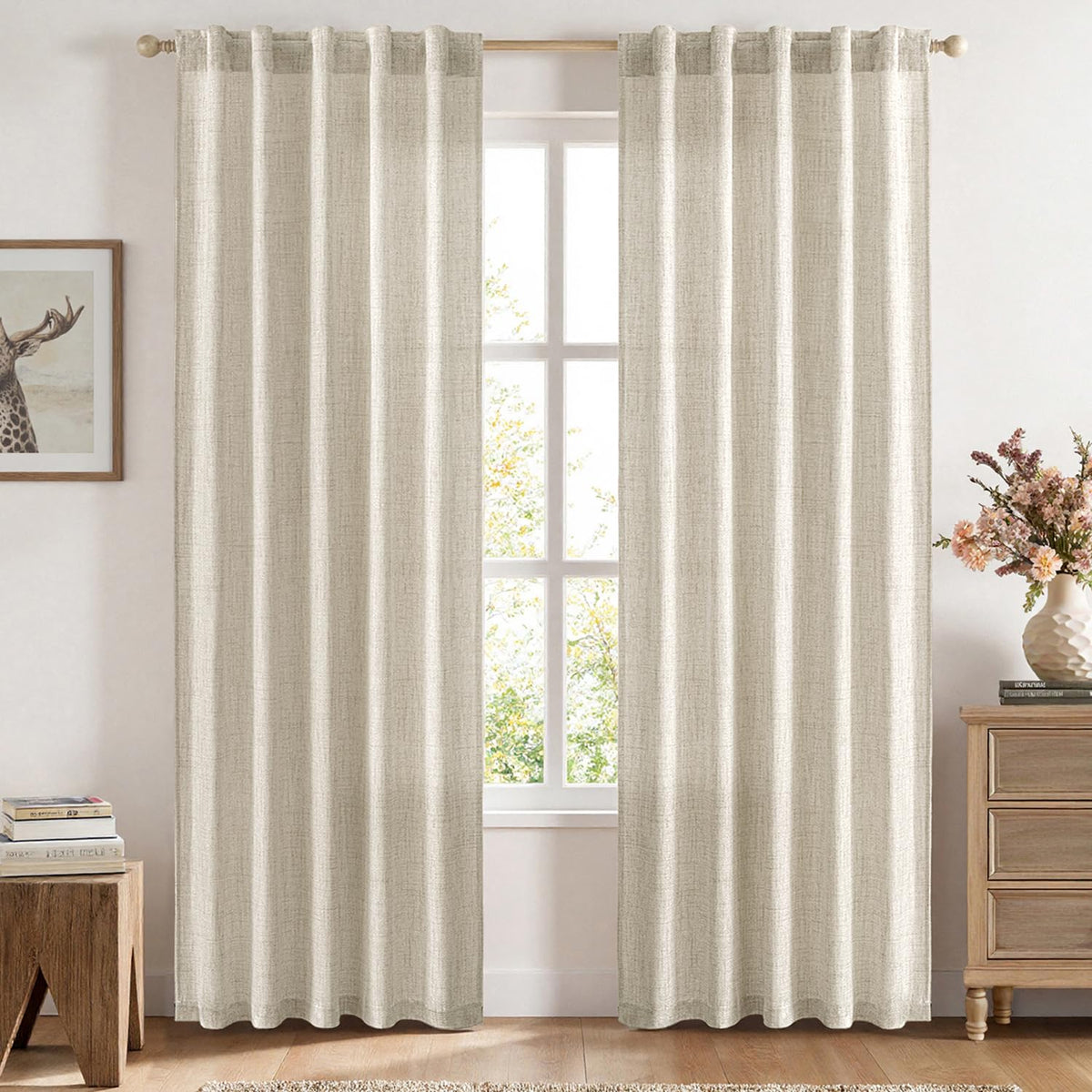 MIULEE Faux Linen Curtains 90 Inch Length 2 Panels Natural Semi Sheer Curtain with Back Tab Rod Pocket, Light Filtering Window Privacy Burlap Drapes for Living Room Bedroom 42W x 90L Linen