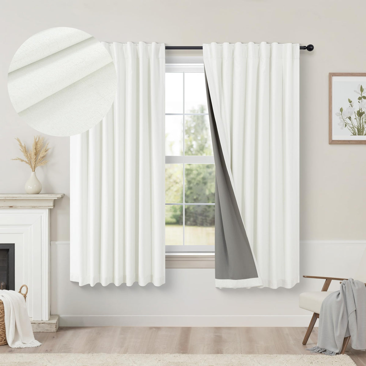 100% Blackout Curtains 84 Inch Length 2 Panels Set Neutral Boho Linen Farmhouse for Bedroom Windows Living Room Darkening Thermal Insulated Drapes Natural Cream Ivory 7ft Long Back Tab Pleated Pocket
