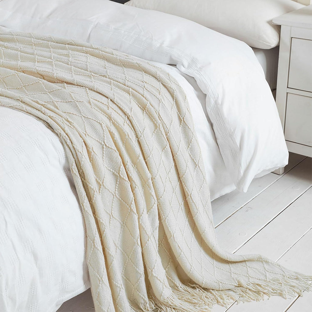 BOURINA Beige Throw Blanket 50x60 Inch Boho Knitted Soft Throw Sofa Blanket