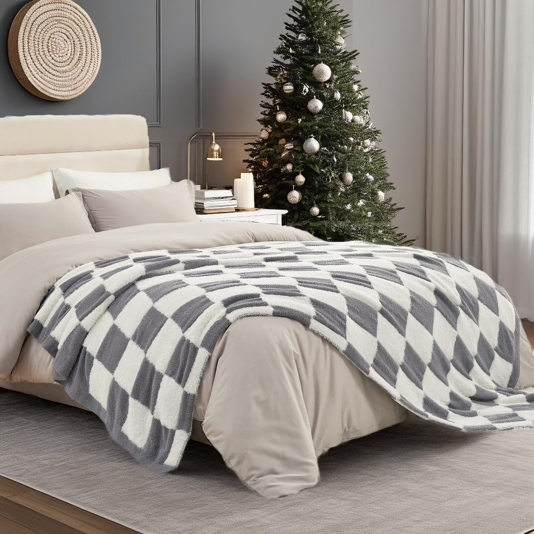 Snuggle Sac Fall Checkered Throw Blanket Faux Fur Microfiber Blankets for Couch,Cozy Soft Warm Blanket for Sofa Bedroom Living Room,Beige Checker,50x60 inches