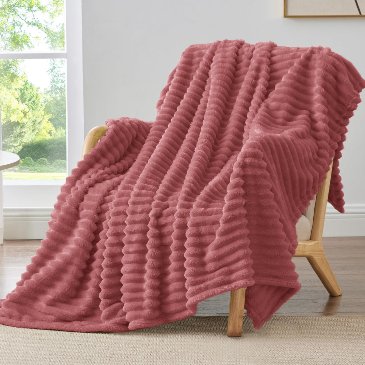 BEDELITE Ribbed Fleece Throw Blanket for Couch, Cream, 50"x60"