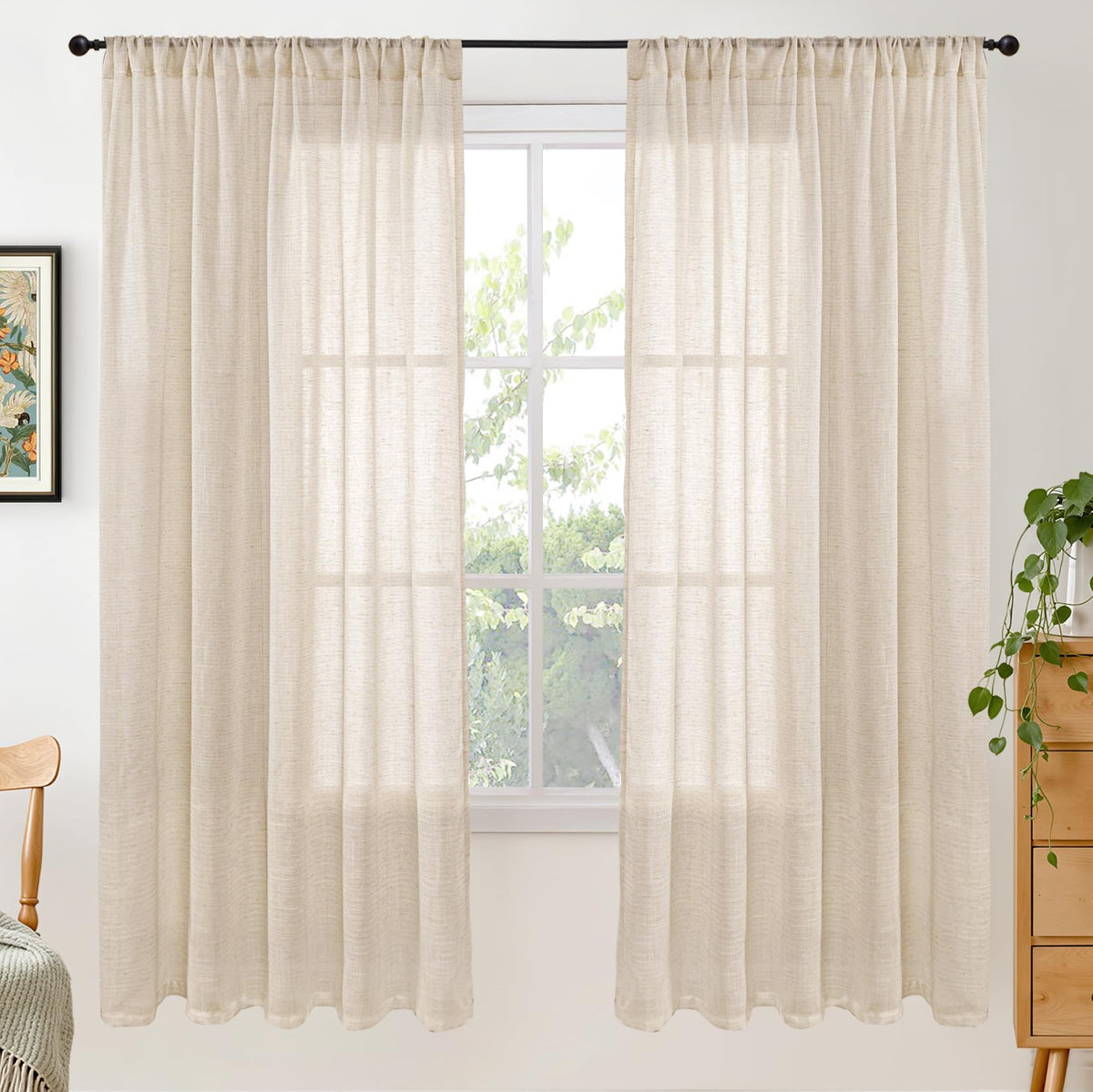 BGment Tan Linen Curtains 84 Inch Length 2 Panels Burlap Semi Sheer Drapes