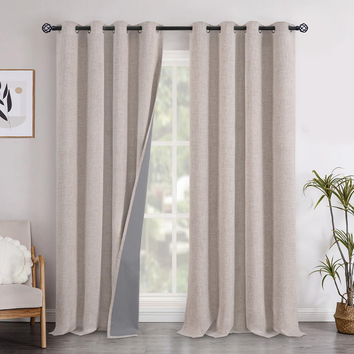 YoungsTex Linen Blackout Curtains 63 Inch Length Bedroom Beige Darkening