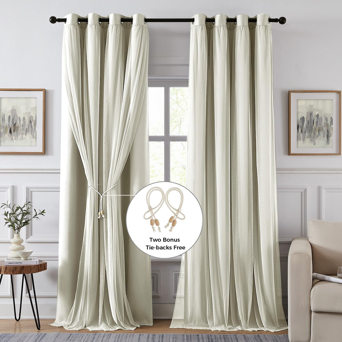 100% Blackout Curtains for Bedroom, Double Layer Ivory 84" L