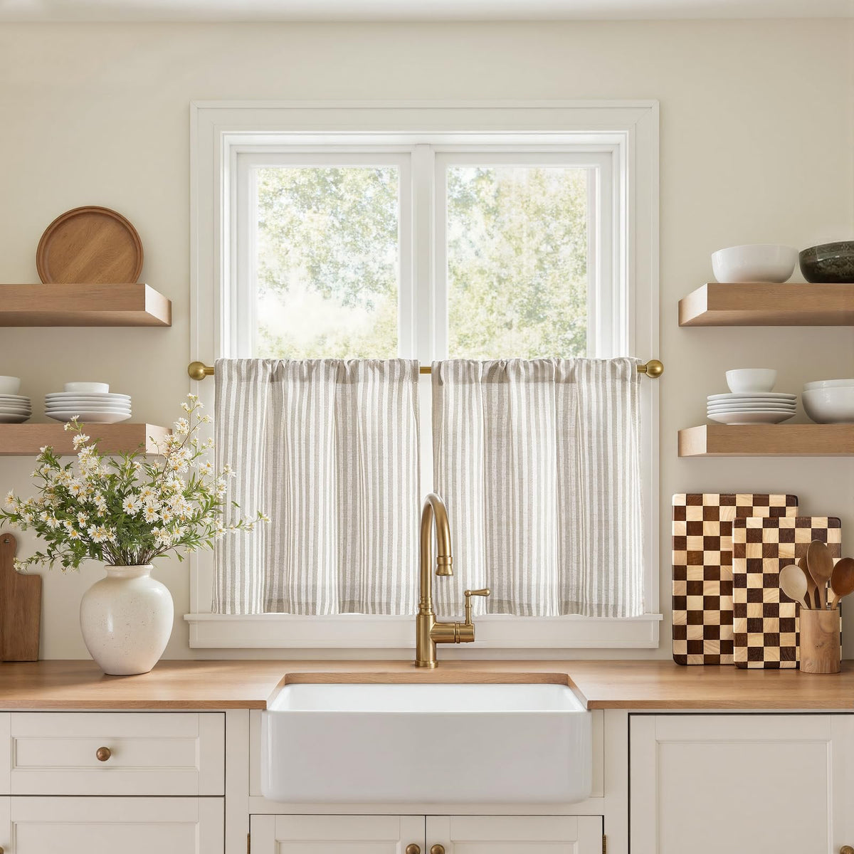 jinchan Striped Linen Kitchen Curtains 36 Inches Length Tier Curtains Farmhouse Modern Cafe Style Small Window Treatments Airy Light Filtering Rod Pocket for Living Room Bathroom 2 Panels Sage Green