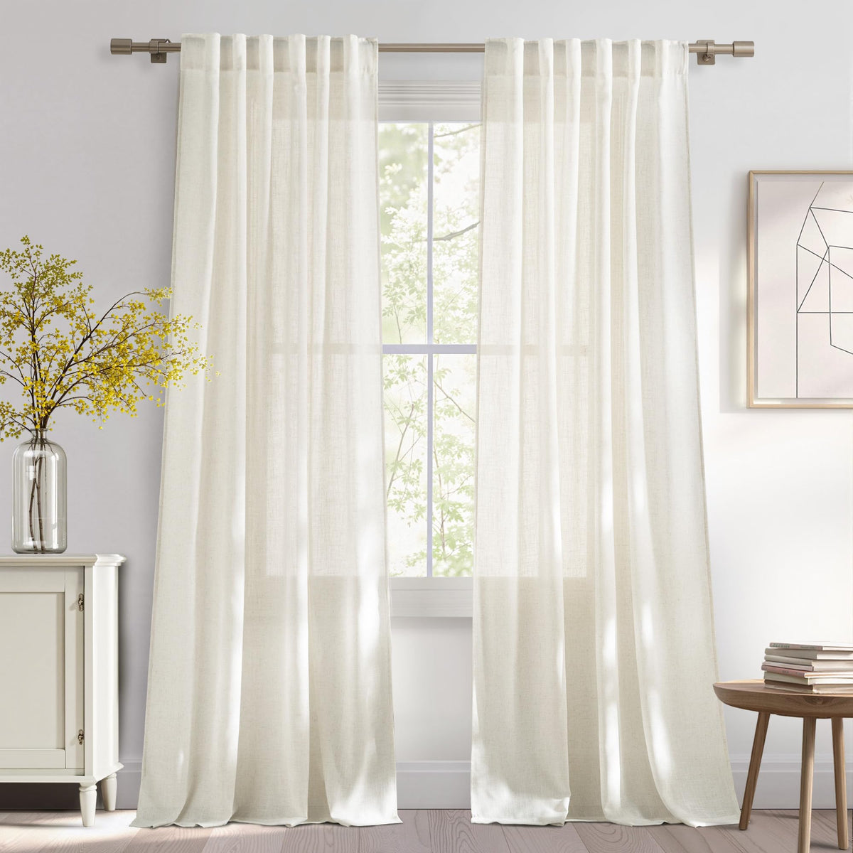 NICETOWN White Linen Sheer Curtains and Drapes 84 inches Long, Rod Pocket & Back Tab semitransparent with Light Through Vertical Window Treatments for Sliding Glass Door & Living Room, 52"W, Set of 2