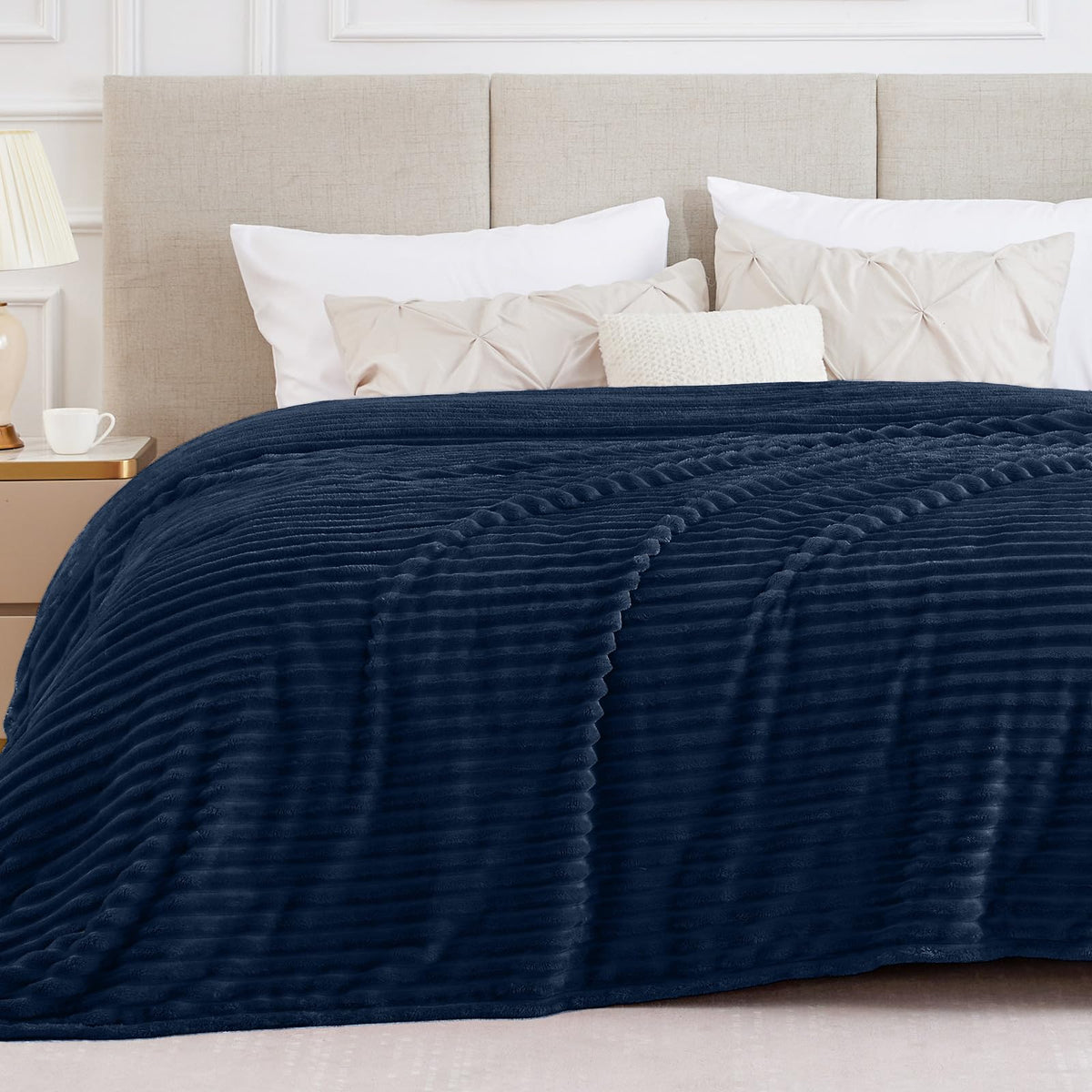 BEDELITE Ribbed Fleece Throw Blanket for Couch, Cream, 50"x60"