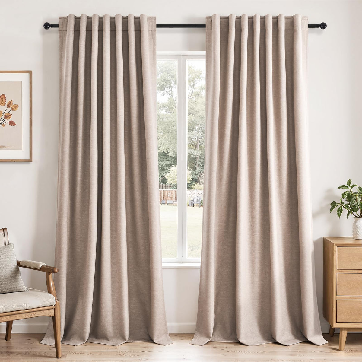 Topfinel Linen Blackout Curtains 96 Inch Long, Boho Farmhouse Ivory Birch Viral Drapes Pinch Pleated Curtains with Hooks for Living Room, Neutral 8 FT Back Tab Bedroom Curtains 52" X 96" 2 Panels