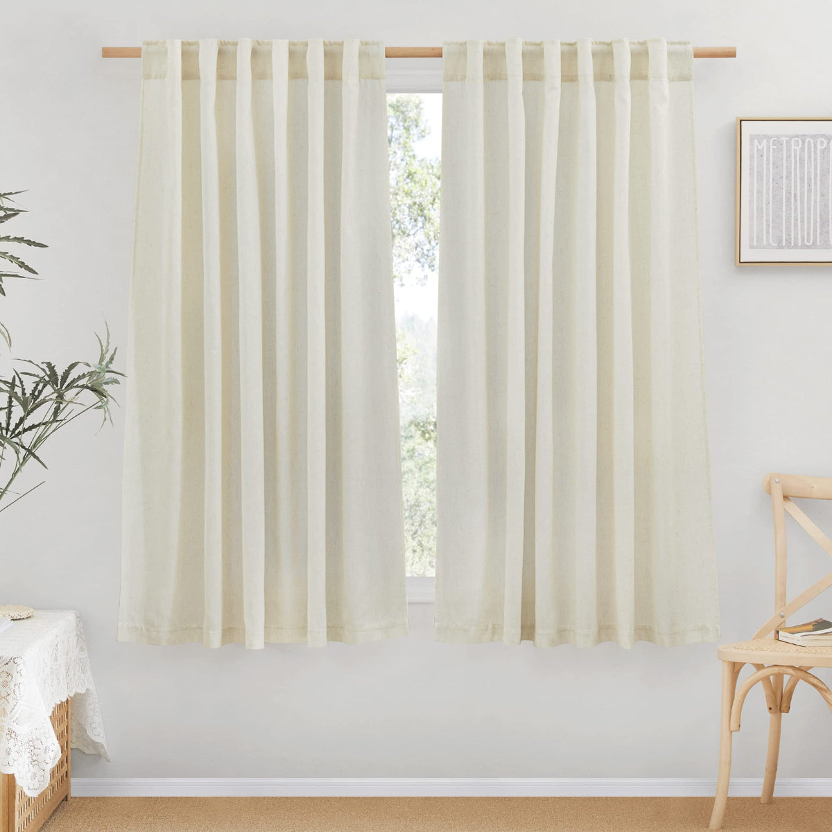 NICETOWN Flax Sheer Linen Curtains for Living Room 95 inch Long 2 Panels, Rod Pocket & Back Tab Semi Sheer Drapes Privacy Added with Light Filtering for Bedroom/Living Room, Natural, W55 x L95