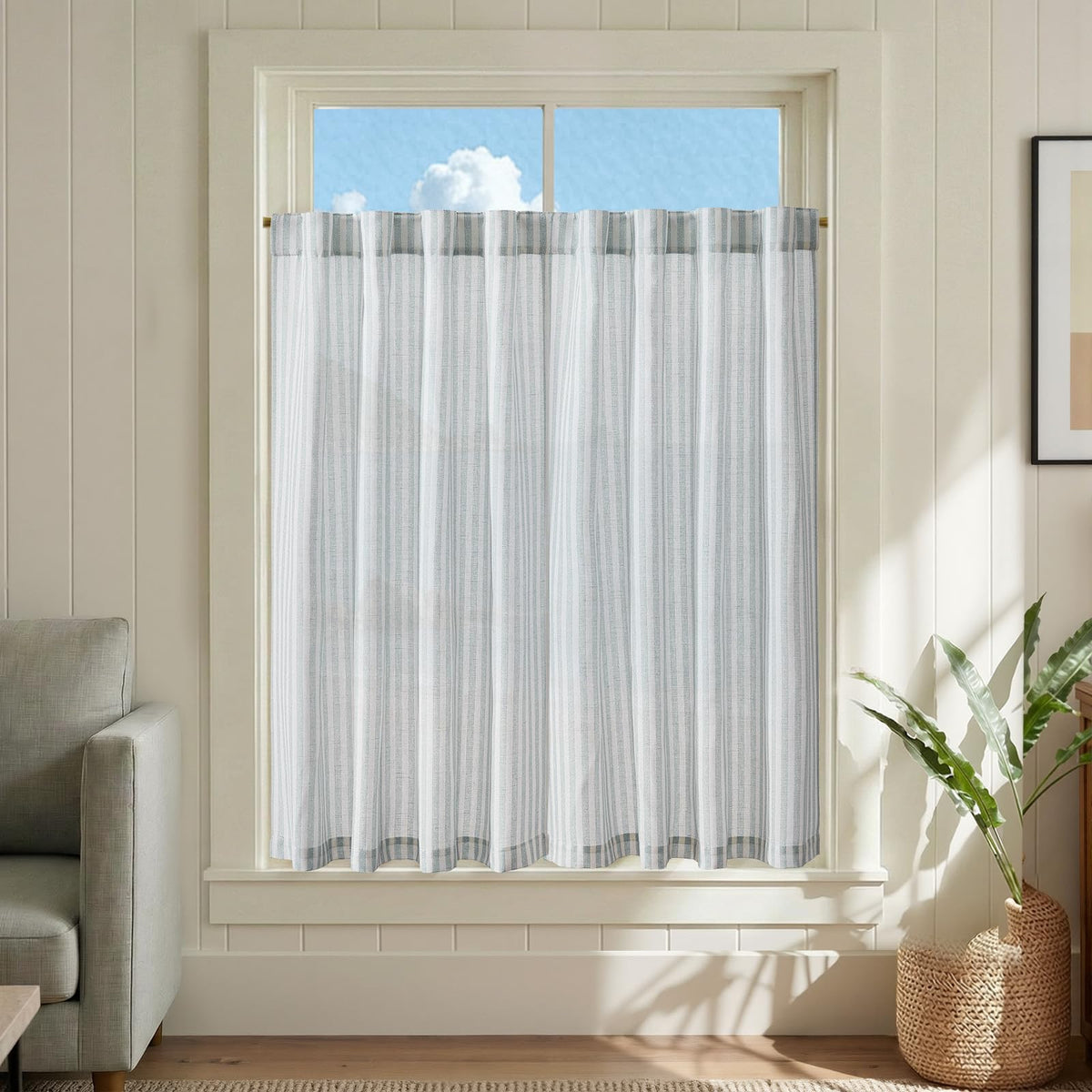 jinchan Striped Linen Kitchen Curtains 36 Inches Length Tier Curtains Farmhouse Modern Cafe Style Small Window Treatments Airy Light Filtering Rod Pocket for Living Room Bathroom 2 Panels Sage Green