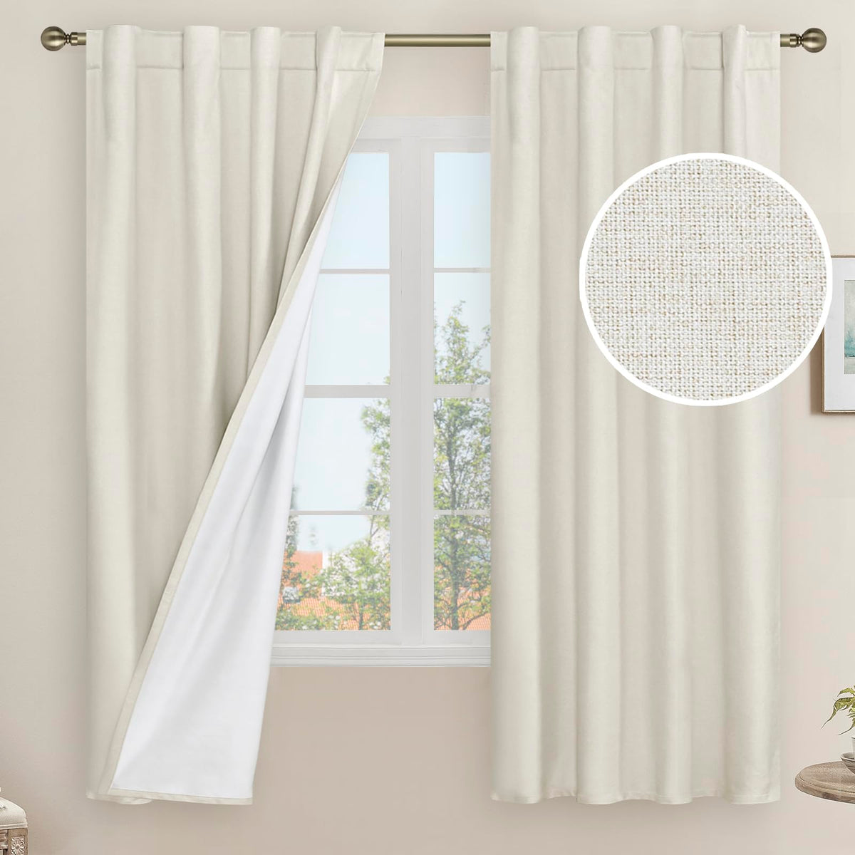 LAMIT 100% Blackout Short Linen Curtains for Cafe 40 Inch Length, Ivory