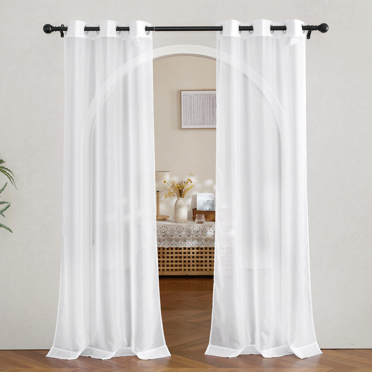 NICETOWN White Sheer Curtains & Drapes 96 inches Long for Living Room - Grommet Top Solid Lightweight & Airy Gauzy Window Treatments with Light Filtering for Bedroom, 2 Panels, W54 x L96