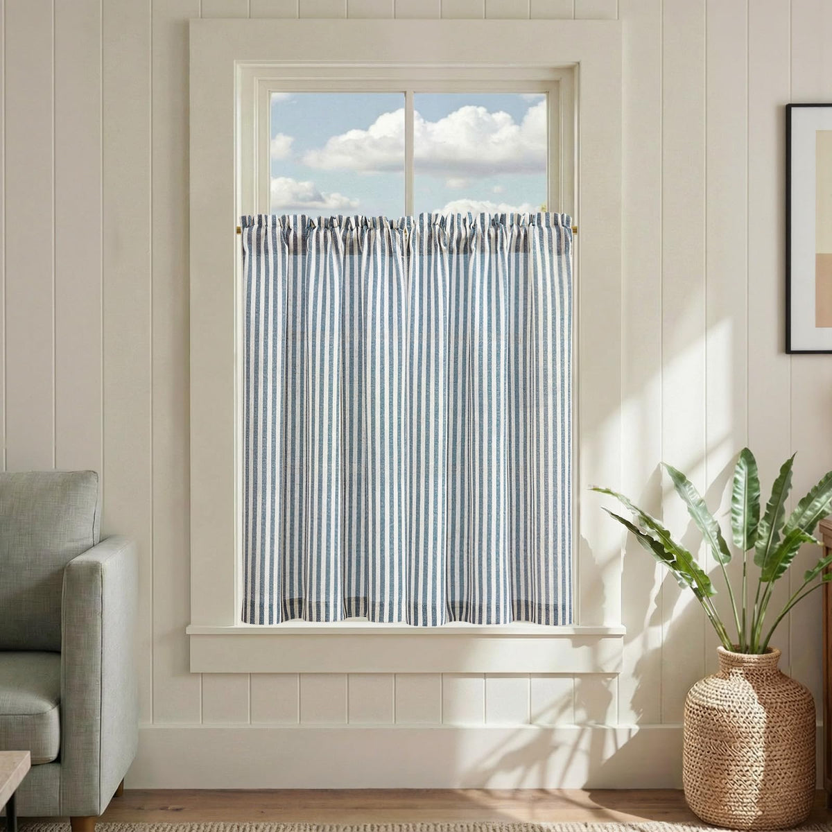 jinchan Striped Linen Kitchen Curtains 36 Inches Length Tier Curtains Farmhouse Modern Cafe Style Small Window Treatments Airy Light Filtering Rod Pocket for Living Room Bathroom 2 Panels Sage Green