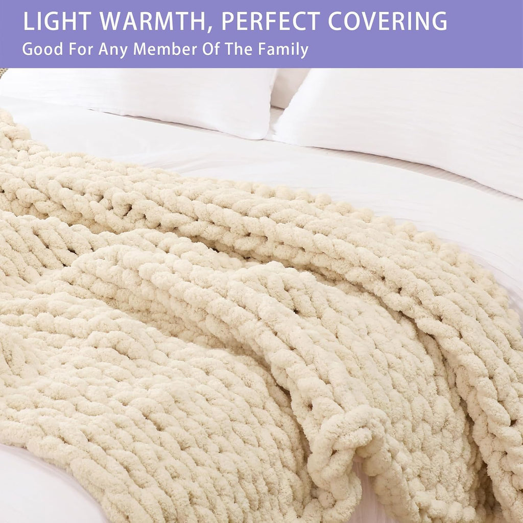 Bigacogo Chunky Knit Throw Blanket for Couch, 40x60 inches, Beige