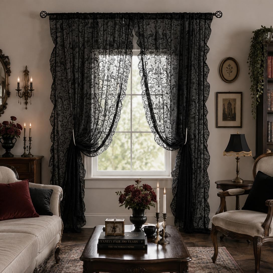 TUDECO Lace Maroon Curtains 96 Inches Long 1 Pair - French Floral Sheer Burgundy Curtains for Living Room, Art Decor Rod Pocket Ruffled Edges Dark Wine Red Drapes, 59 x 96 Inch, Burgundy