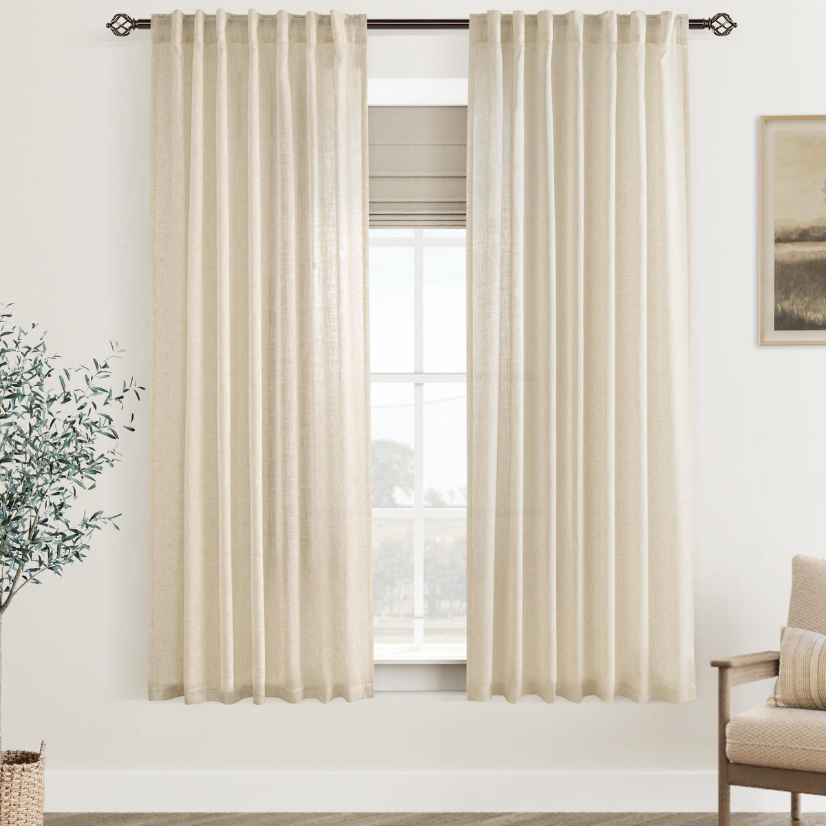 96 inch Long Linen Curtains 2 Panels for Living Room Back Tab Cream Ivory Light Filtering Semi Sheer Curtain 96 inches Long Boho Farmhouse Rustic Linen Drapes Floor to Ceiling Length 8 FT