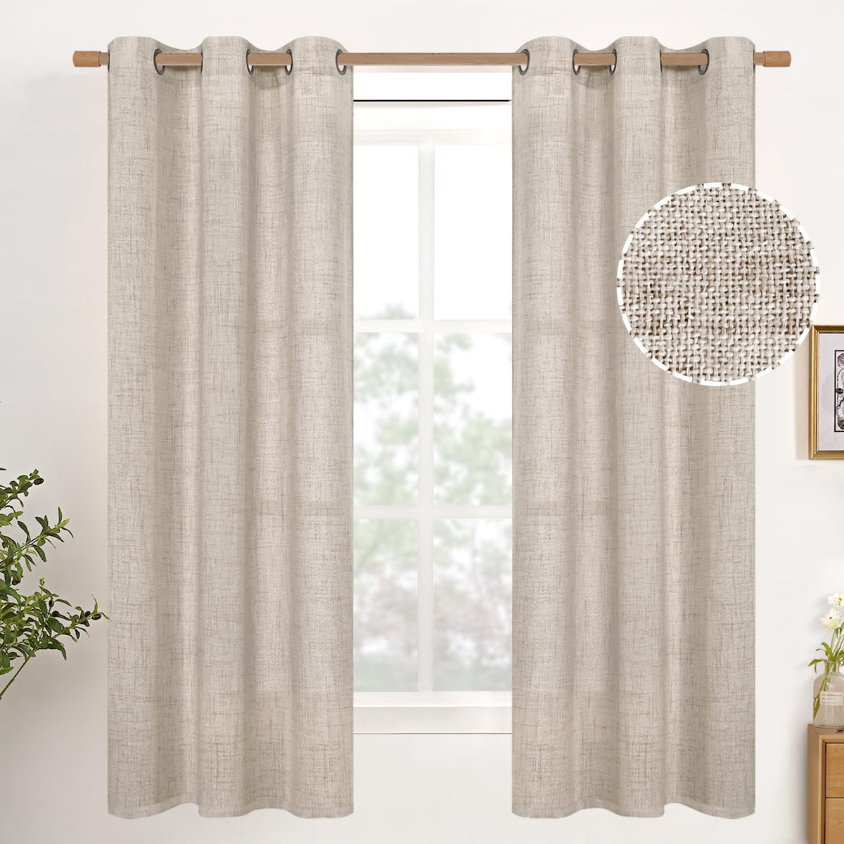 YoungsTex Linen Semi Sheer Curtains 63 Inch Length, Light Filtering Drapes