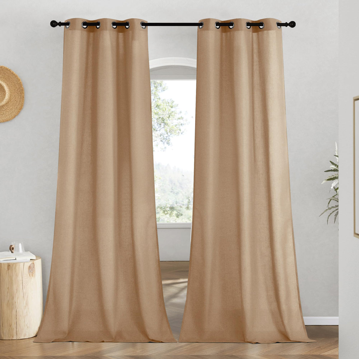 NICETOWN Natural Linen Curtains 84 inch Long 2 Panels Set, Grommet Top Thick Linen Burlap Semi Sheer Vertical Drapes Privacy Assured with Light Filtering for Bedroom/Living Room, W55 x L84