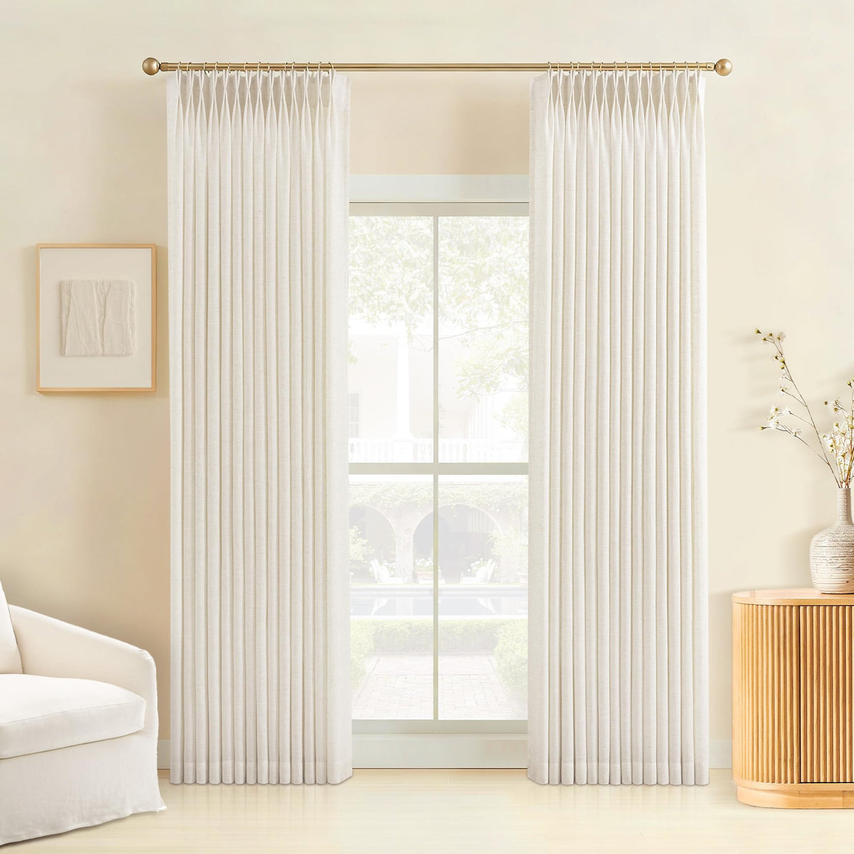 Liz Sheer Pinch Pleated Linen Curtains 90 Inches Long - Light Filtering Pleat Curtains for Living Room,Window Curtains for Bedroom, Luxury Pinch Pleated Drapes with Hooks, Natural, 2 Panels Set