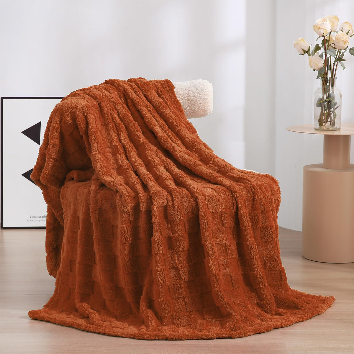 Deep Purple Fleece Throw Blanket 50”×60”Checkered Design for Couch