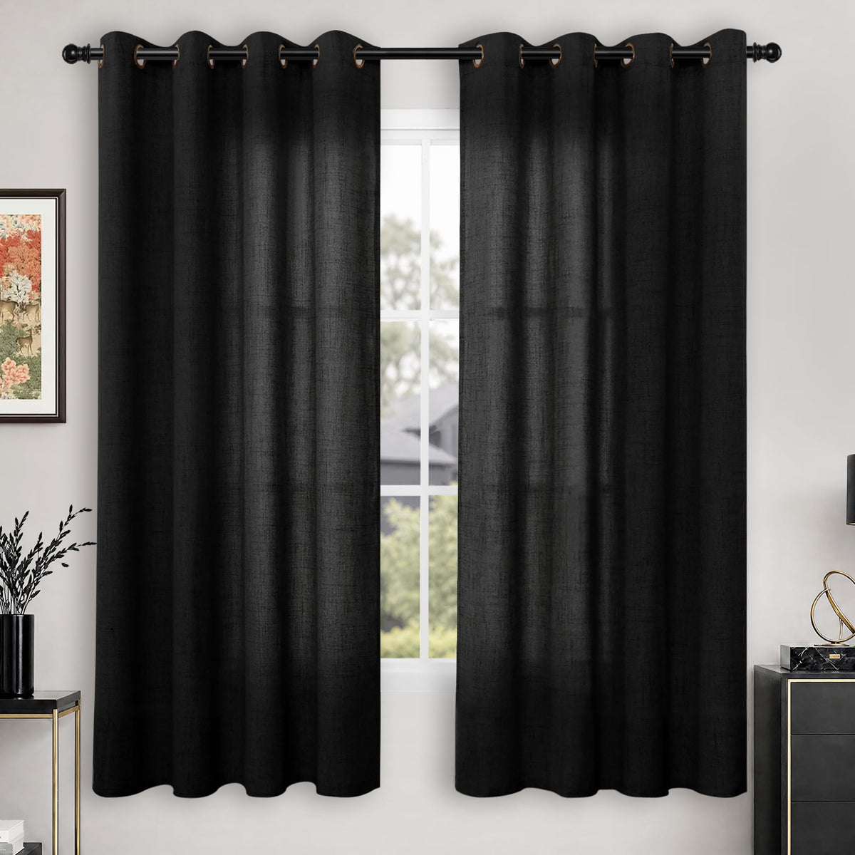 YoungsTex Linen Semi Sheer Curtains 63 Inch Length, Light Filtering Drapes