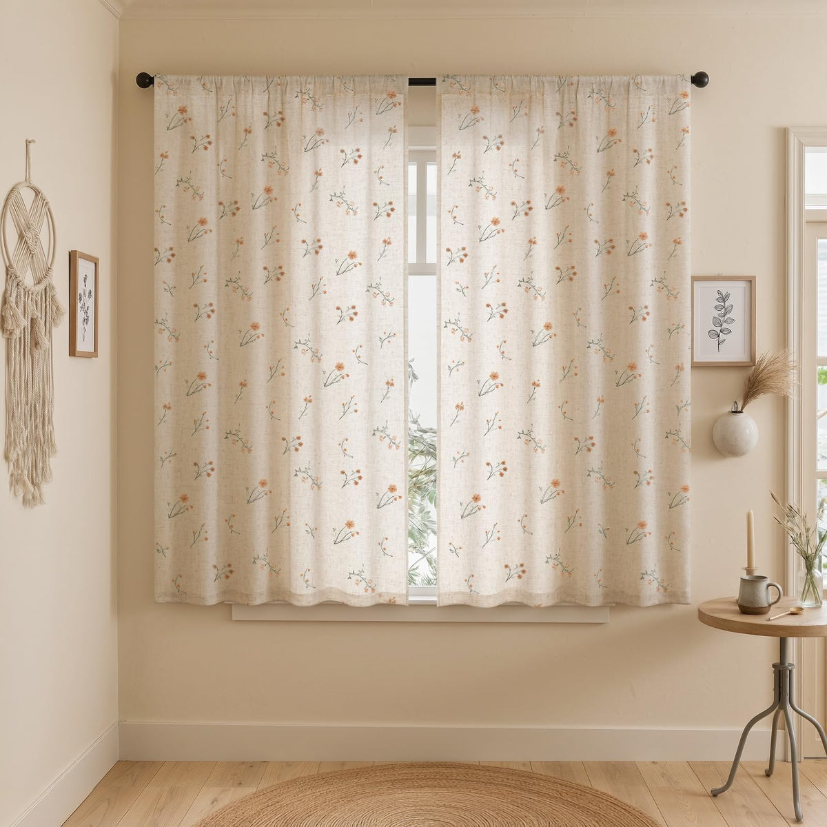 Boho Floral 100% Blackout Curtains 84 Inch 2 Panels Linen Texture