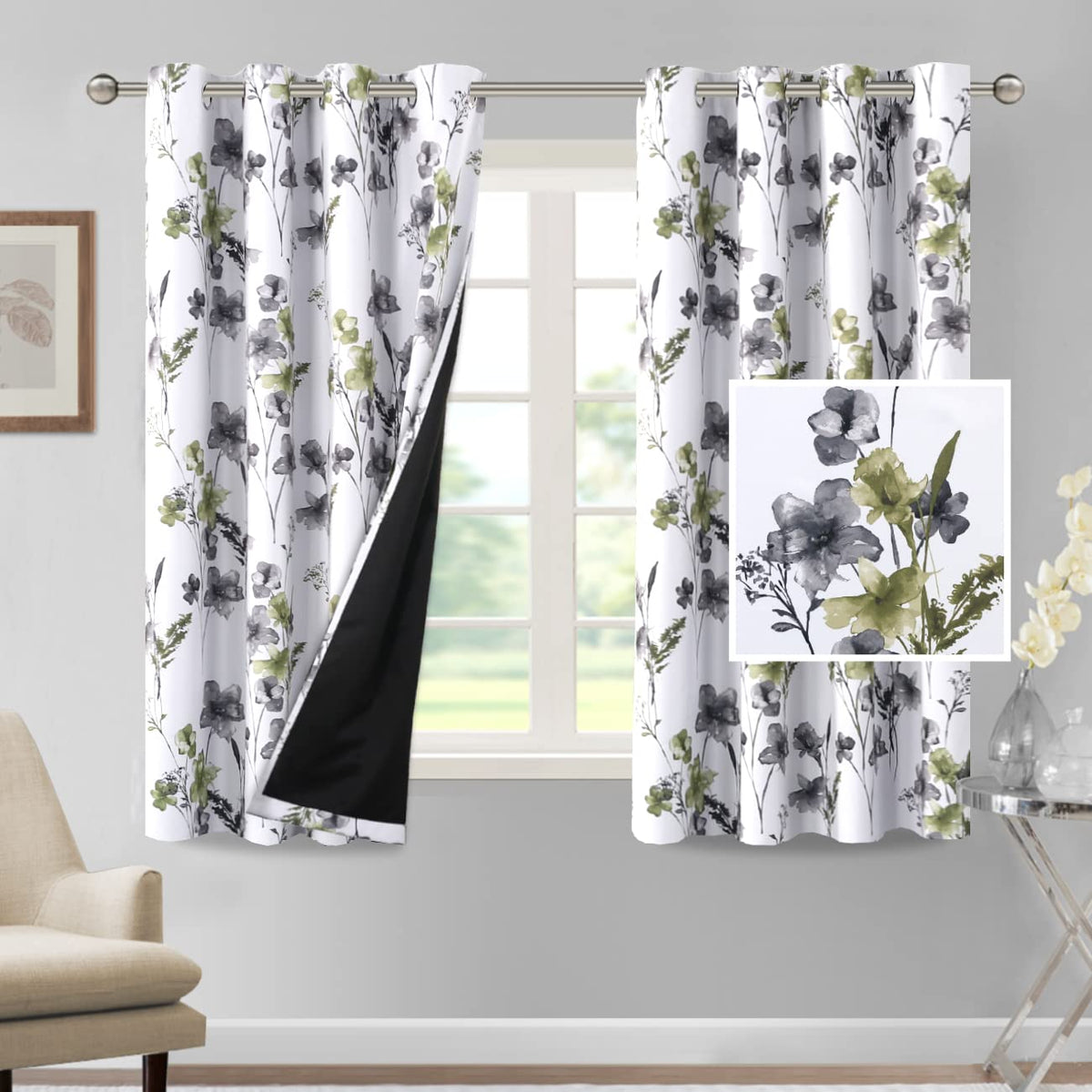 H.VERSAILTEX 100% Blackout Curtains 84 inch Length 2 Panels Set Cattleya Floral Printed Drapes Leah Floral Thermal Curtains for Bedroom with Black Liner Sound Proof Curtains, Grey and Taupe