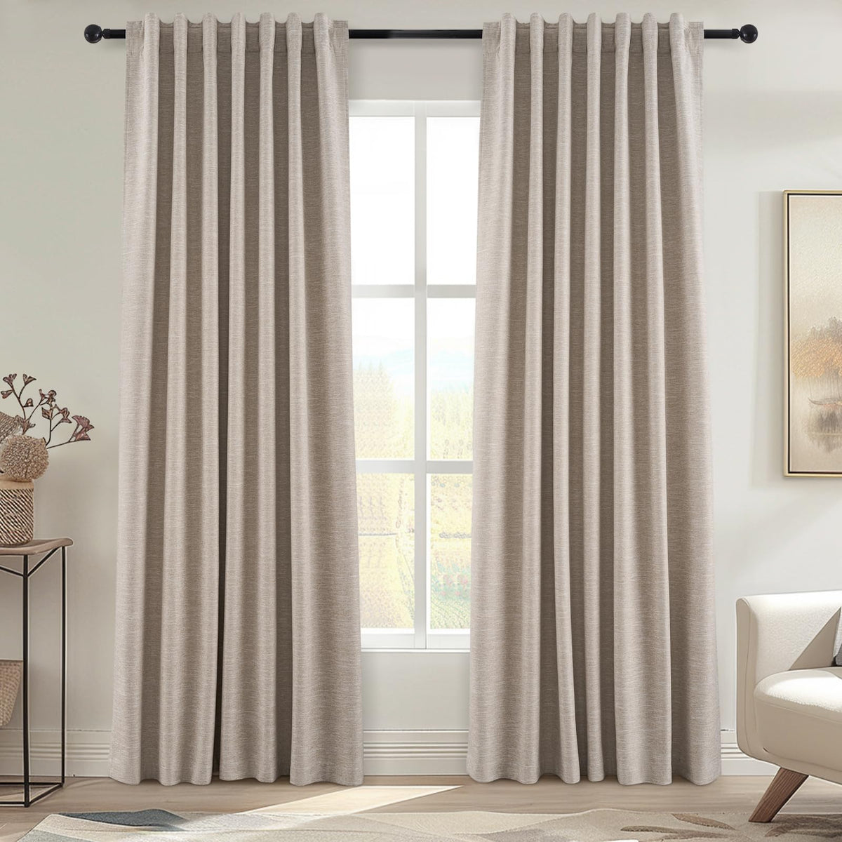 Topfinel Linen Blackout Curtains 96 Inch Long, Boho Farmhouse Ivory Birch Viral Drapes Pinch Pleated Curtains with Hooks for Living Room, Neutral 8 FT Back Tab Bedroom Curtains 52" X 96" 2 Panels