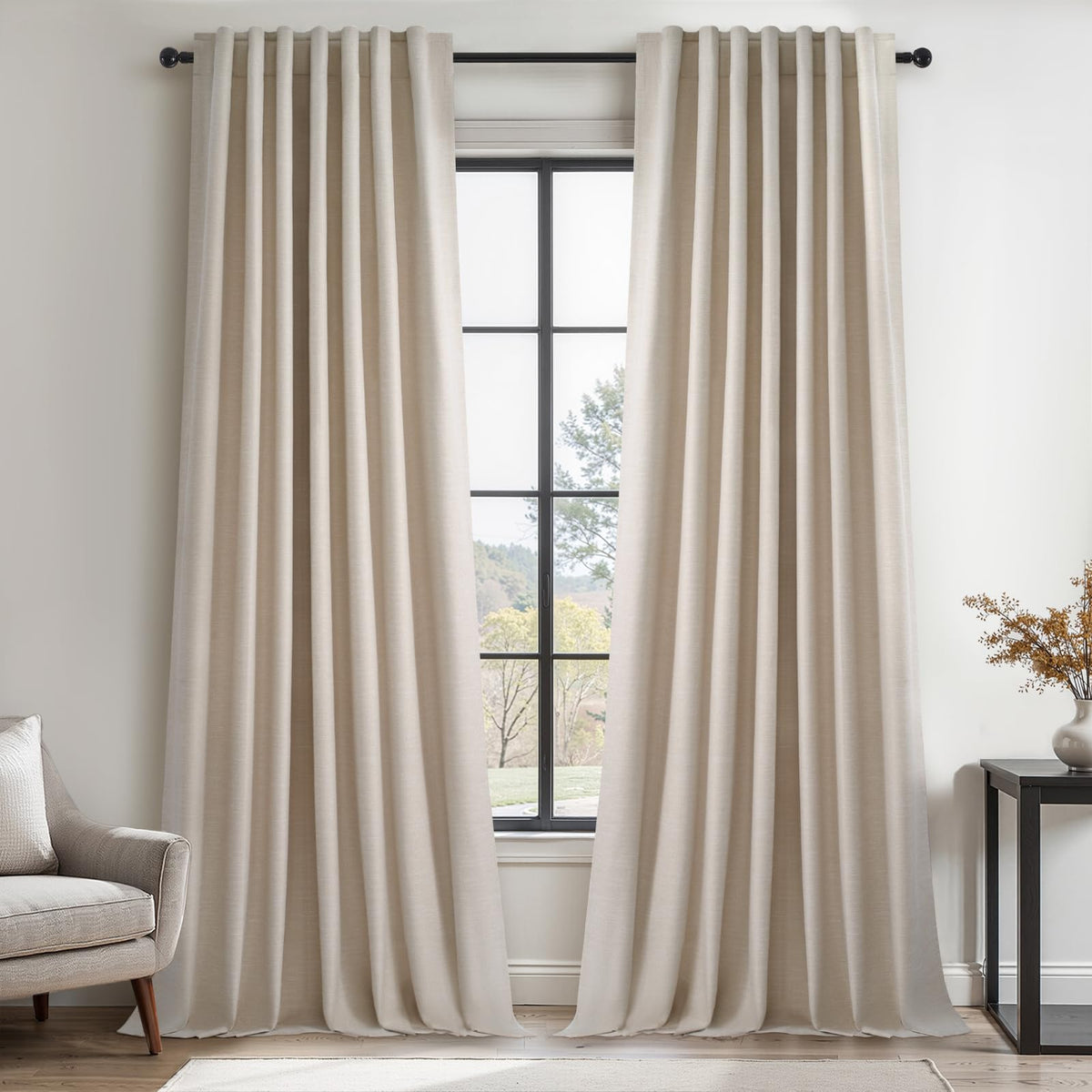 Topfinel Linen Blackout Curtains 96 Inch Long, Boho Farmhouse Ivory Birch Viral Drapes Pinch Pleated Curtains with Hooks for Living Room, Neutral 8 FT Back Tab Bedroom Curtains 52" X 96" 2 Panels