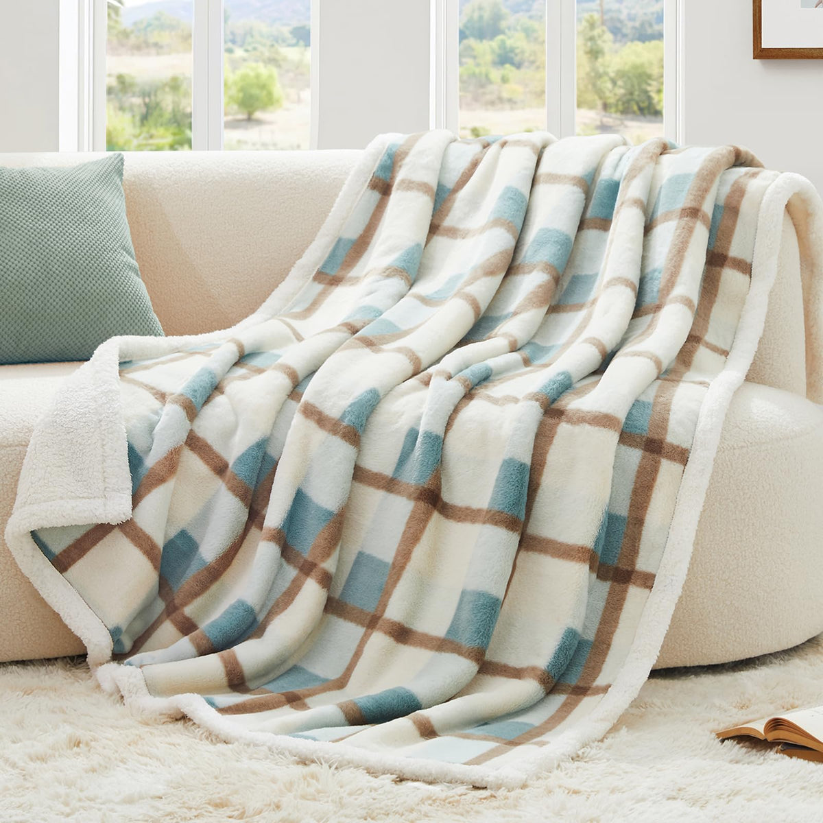 PU MEI Sherpa Fleece Throw Blanket 60" x 80" Reversible Plush Fluffy Large Big Blanket Lattice Flannel Blankets for Sofa Couch Bed (Grey-Soft Blue, 60"*80")