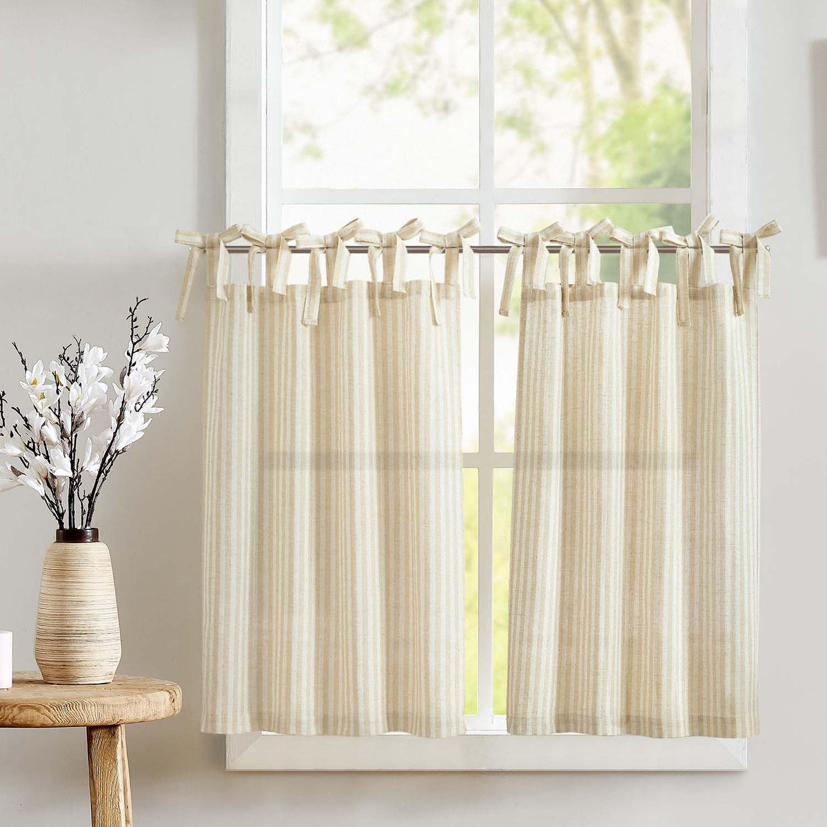 jinchan Striped Linen Kitchen Curtains 36 Inches Length Tier Curtains Farmhouse Modern Cafe Style Small Window Treatments Airy Light Filtering Rod Pocket for Living Room Bathroom 2 Panels Sage Green