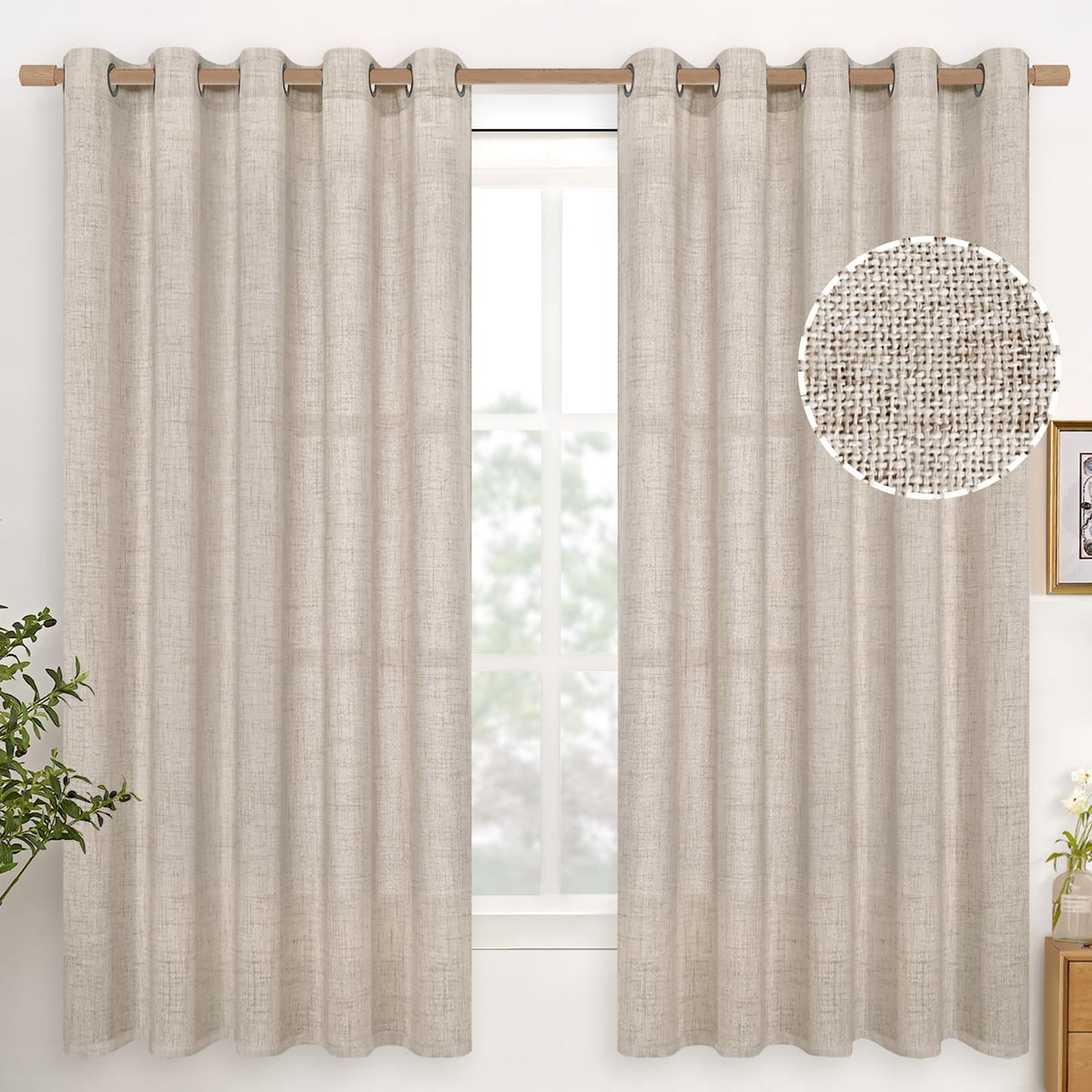 YoungsTex Linen Semi Sheer Curtains 63 Inch Length, Light Filtering Drapes