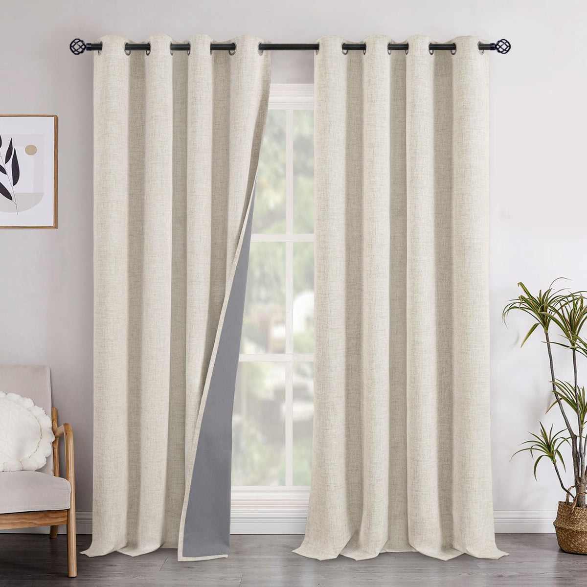 YoungsTex Linen Blackout Curtains 63 Inch Length Bedroom Beige Darkening