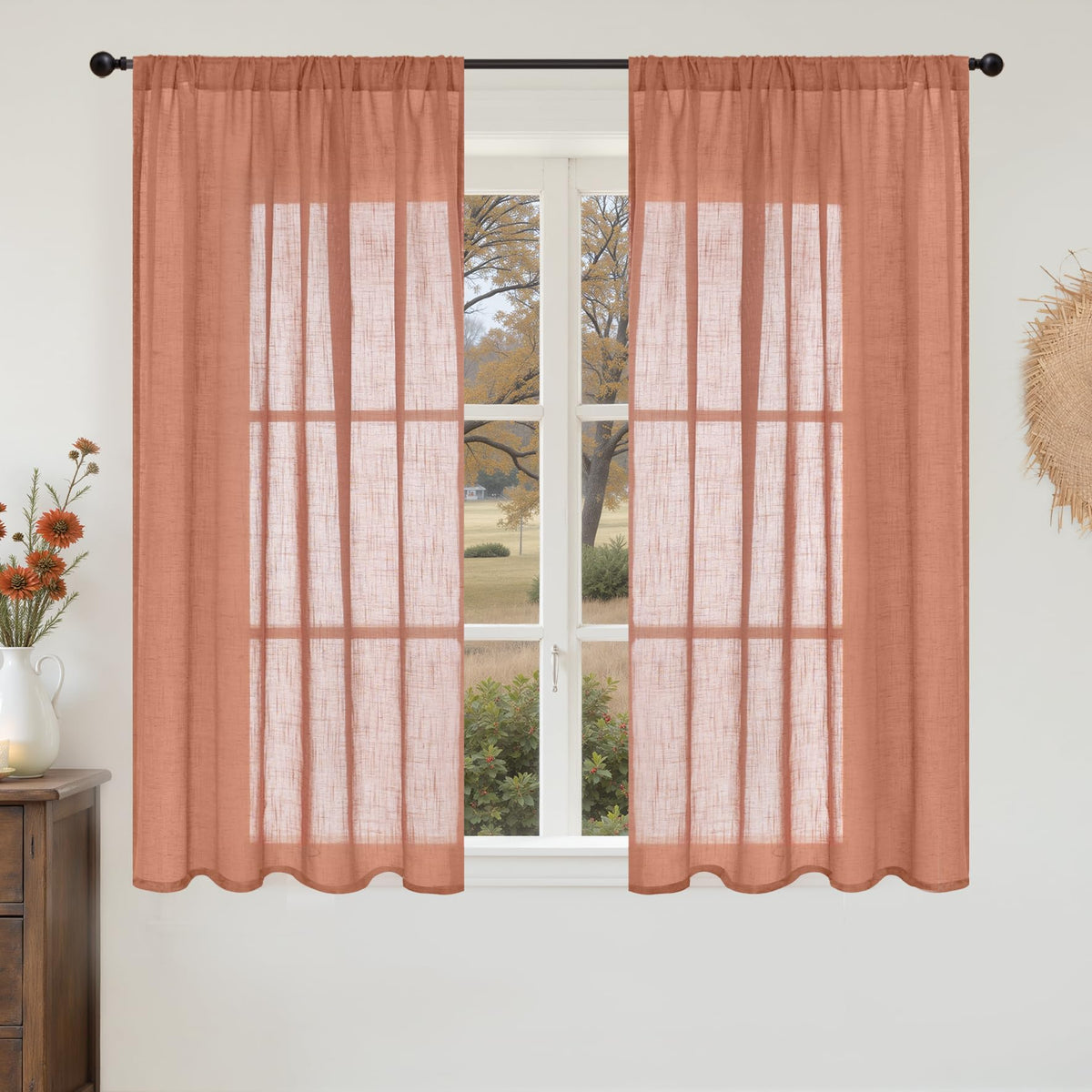 BGment Tan Linen Curtains 84 Inch Length 2 Panels Burlap Semi Sheer Drapes