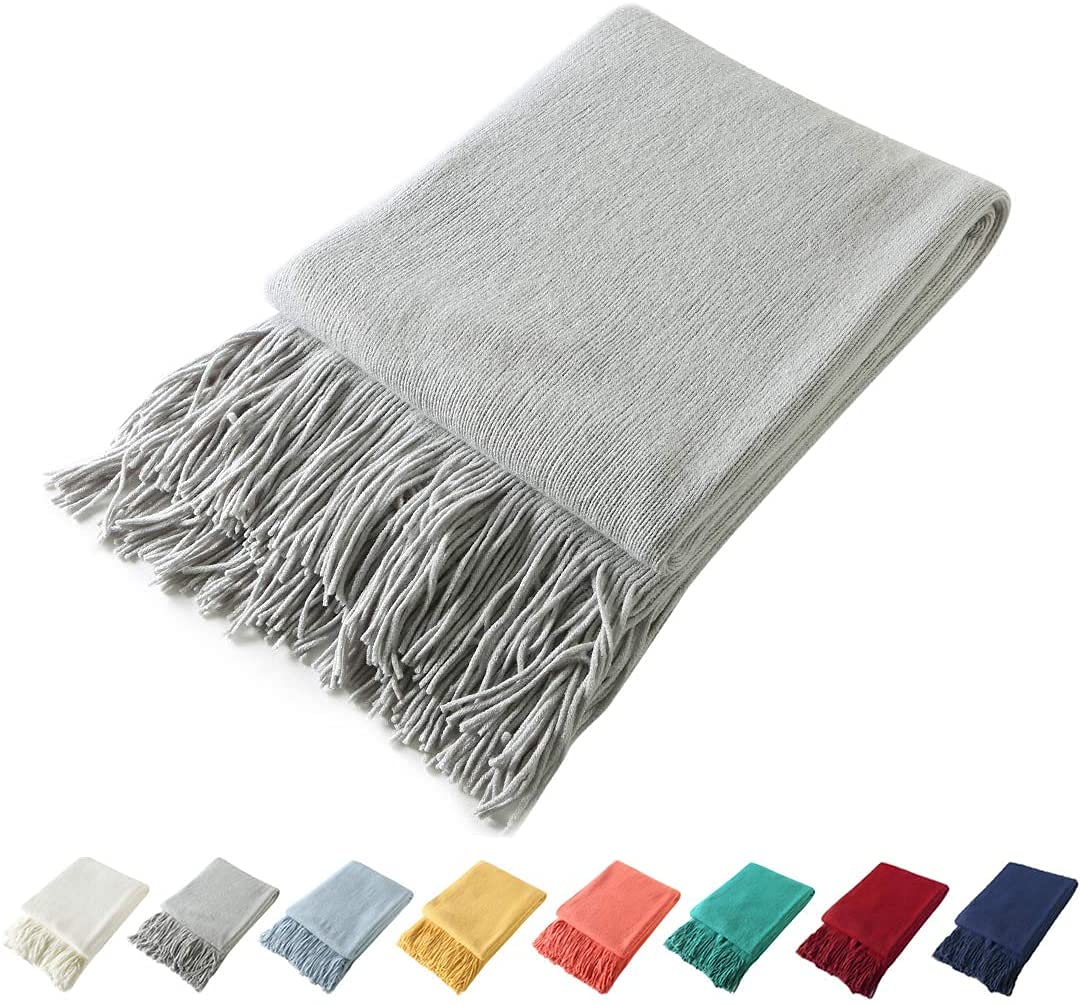 Homiest Pale Blue Knitted Throw Blanket with Fringe, 50x60 Inch