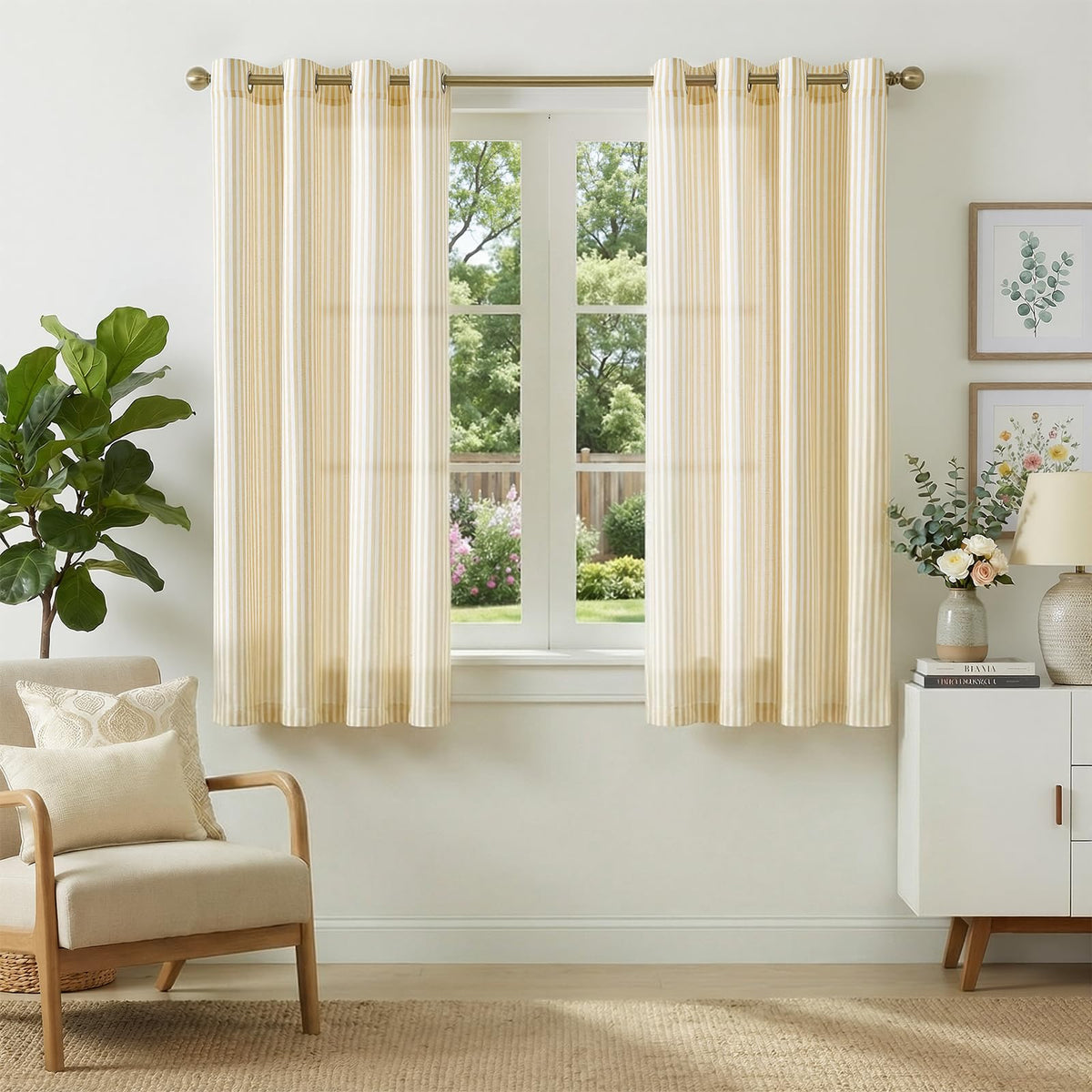 jinchan Linen Curtains 84 Inch Taupe Grey Stripe on Beige Grommet 2 Panels