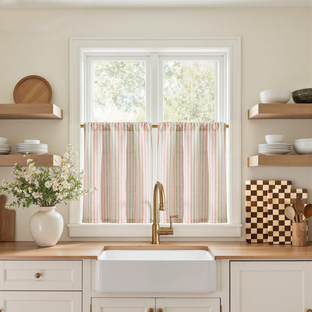 jinchan Striped Linen Kitchen Curtains 36 Inches Length Tier Curtains Farmhouse Modern Cafe Style Small Window Treatments Airy Light Filtering Rod Pocket for Living Room Bathroom 2 Panels Sage Green