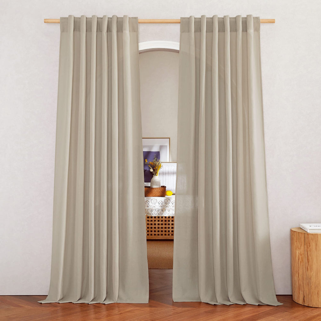 NICETOWN Flax Sheer Linen Curtains for Living Room 95 inch Long 2 Panels, Rod Pocket & Back Tab Semi Sheer Drapes Privacy Added with Light Filtering for Bedroom/Living Room, Natural, W55 x L95